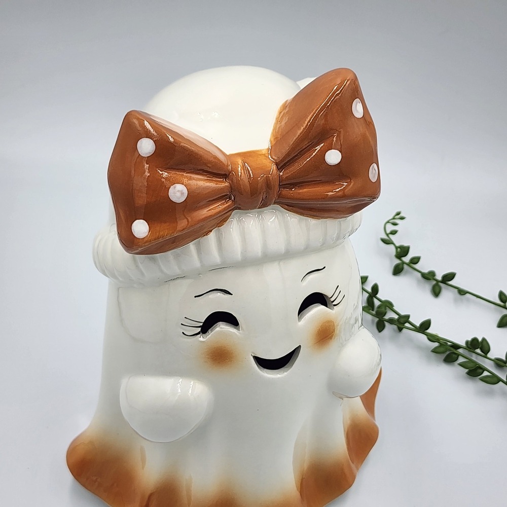 Goblin & Ghoul Ceramic Light Up Ghost Figurine White Brown Bow Halloween 10" NEW - Picture 7 of 9